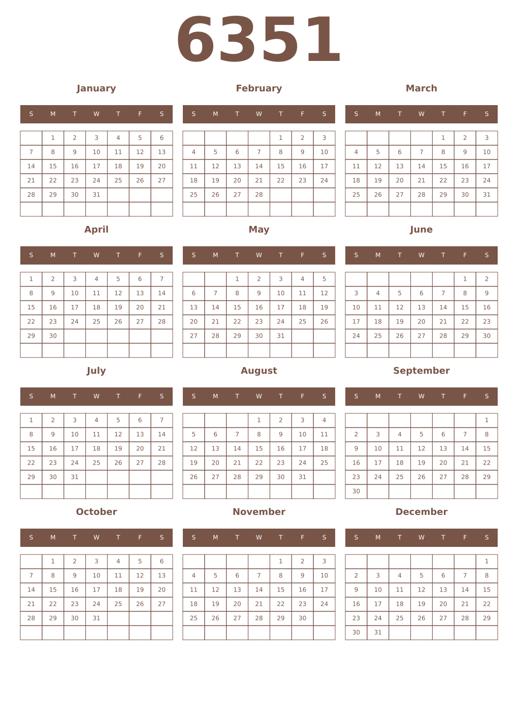 Printable 6351 Year Calendars coffe