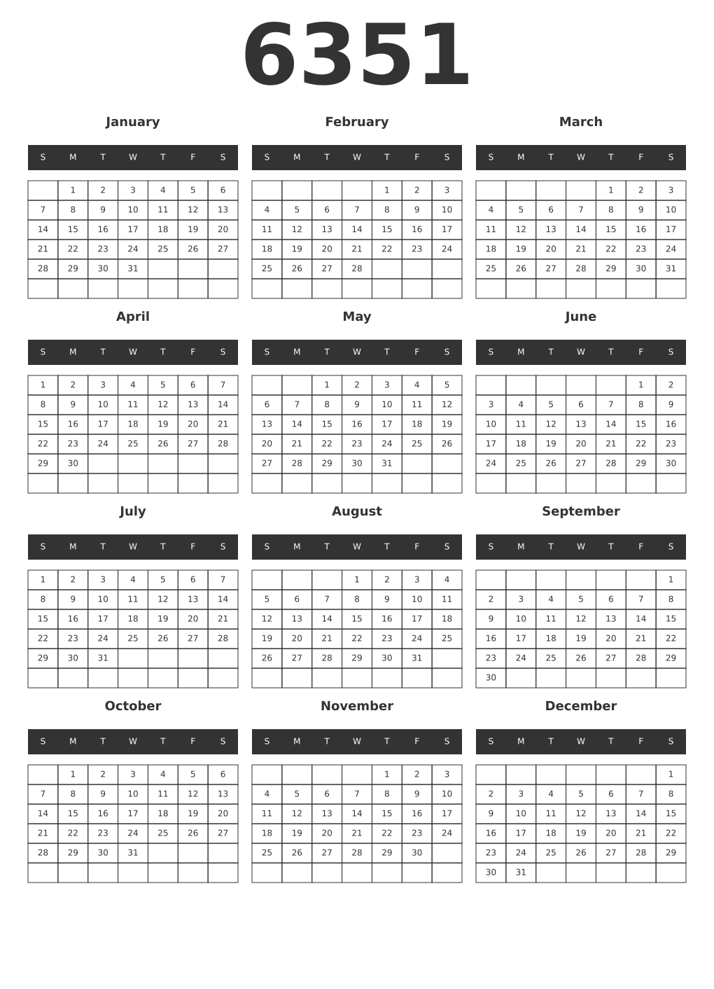 Printable 6351 Year Calendars dark