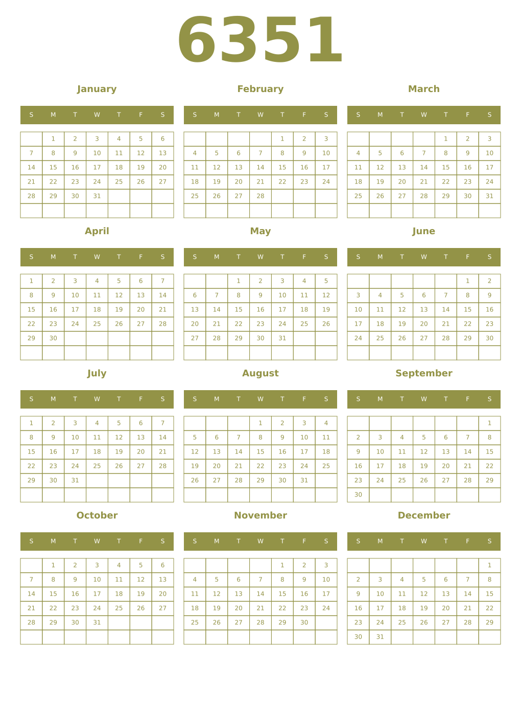 Printable 6351 Year Calendars eburnean