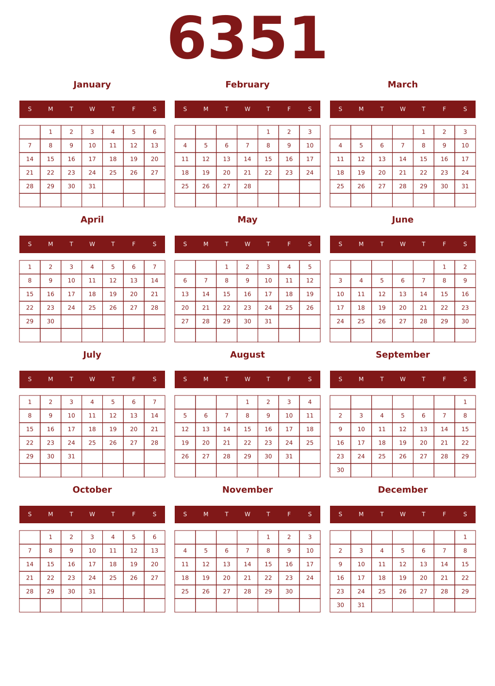 Printable 6351 Year Calendars falu