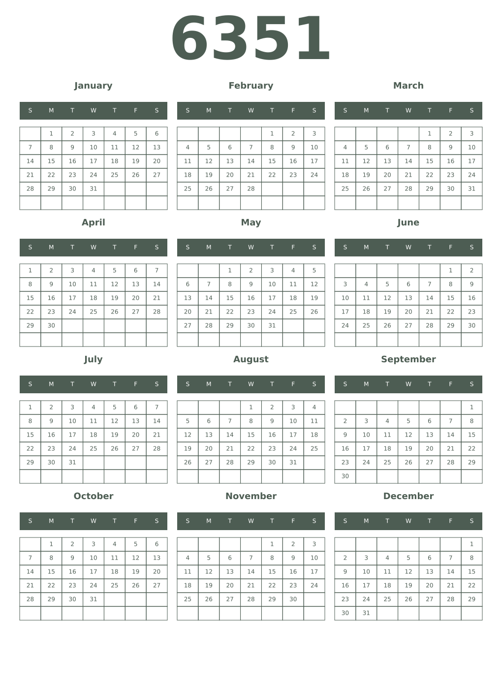 Printable 6351 Year Calendars feldgrau
