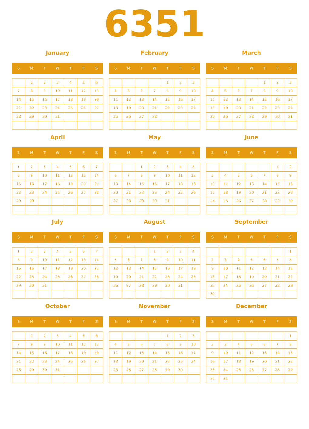 Printable 6351 Year Calendars gamboge