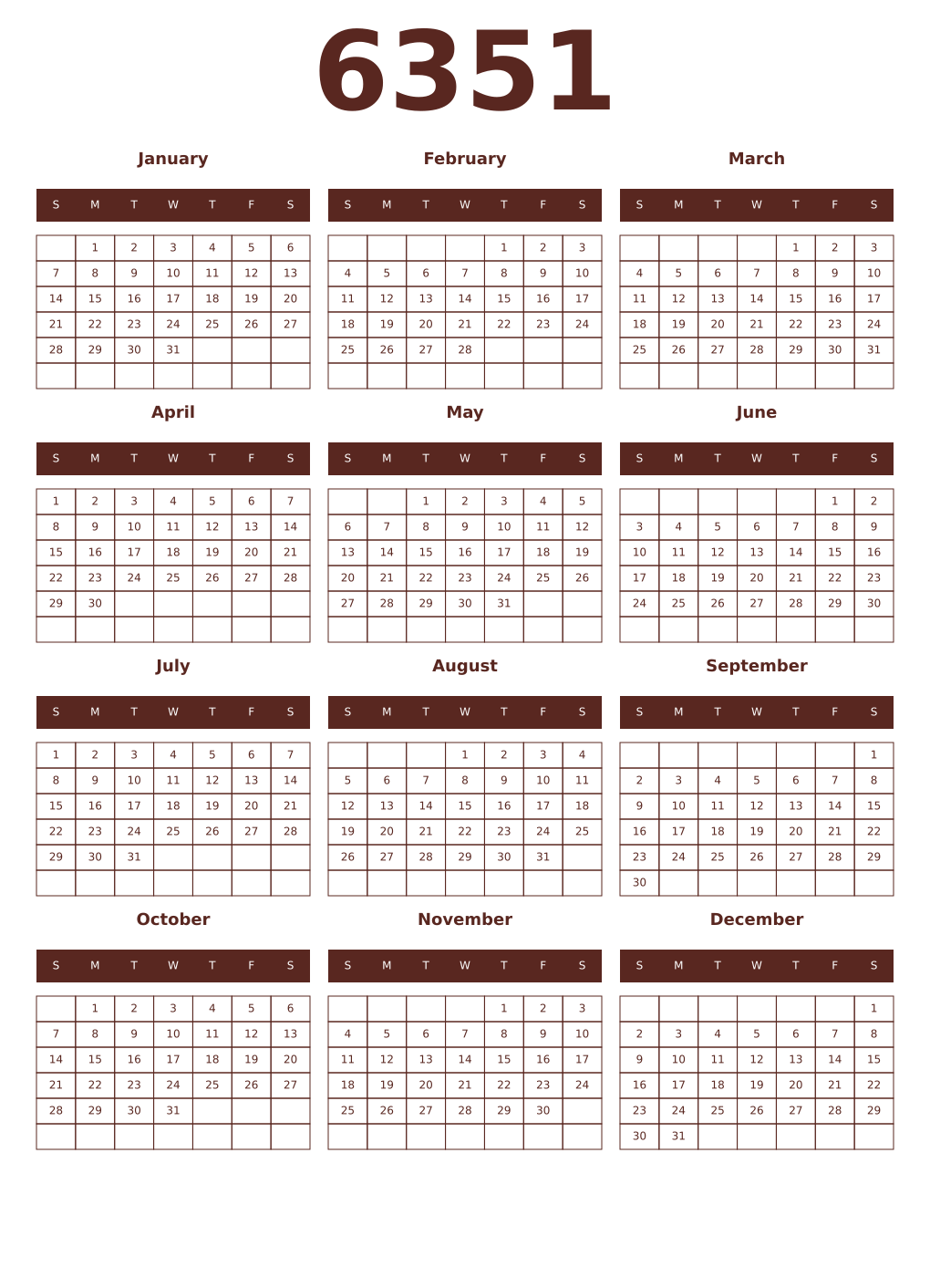 Printable 6351 Year Calendars mortuum
