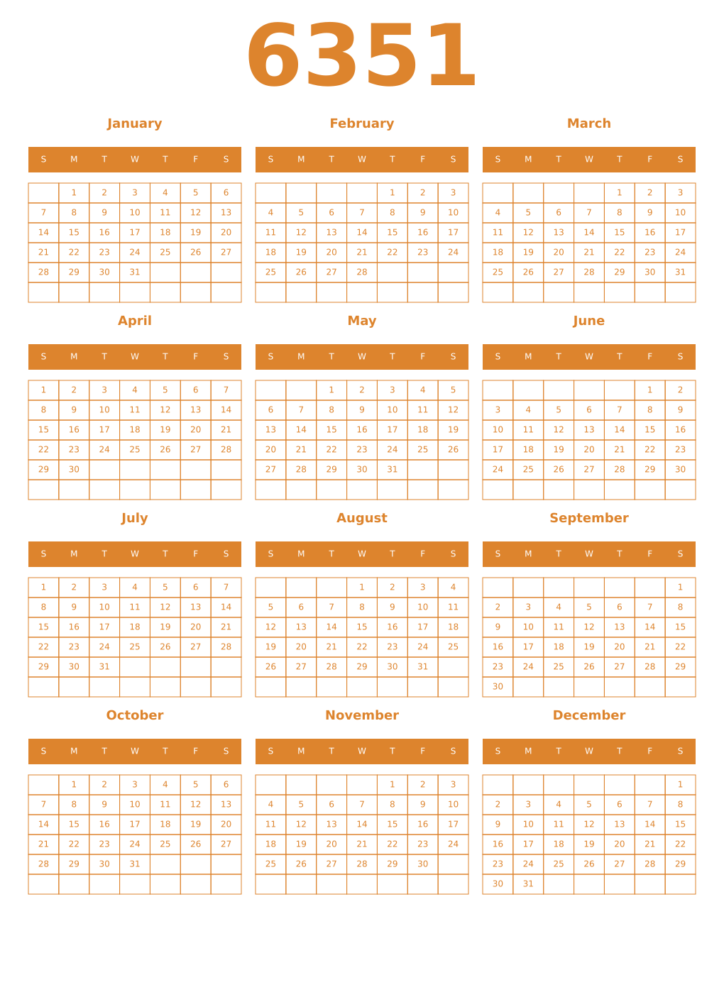 Printable 6351 Year Calendars orange