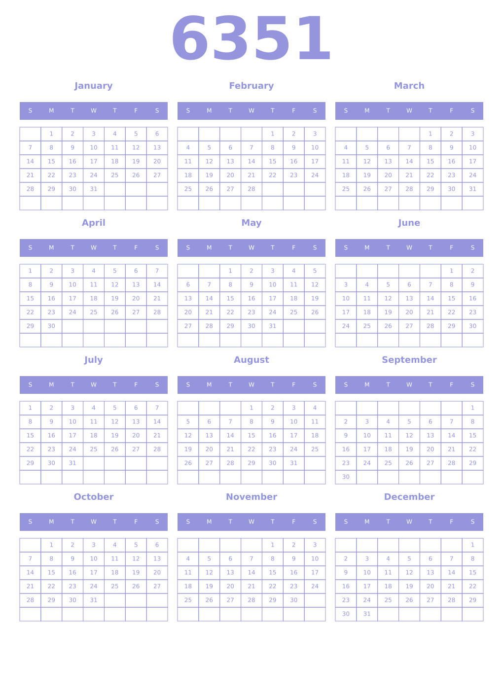 Printable 6351 Year Calendars periwinkle