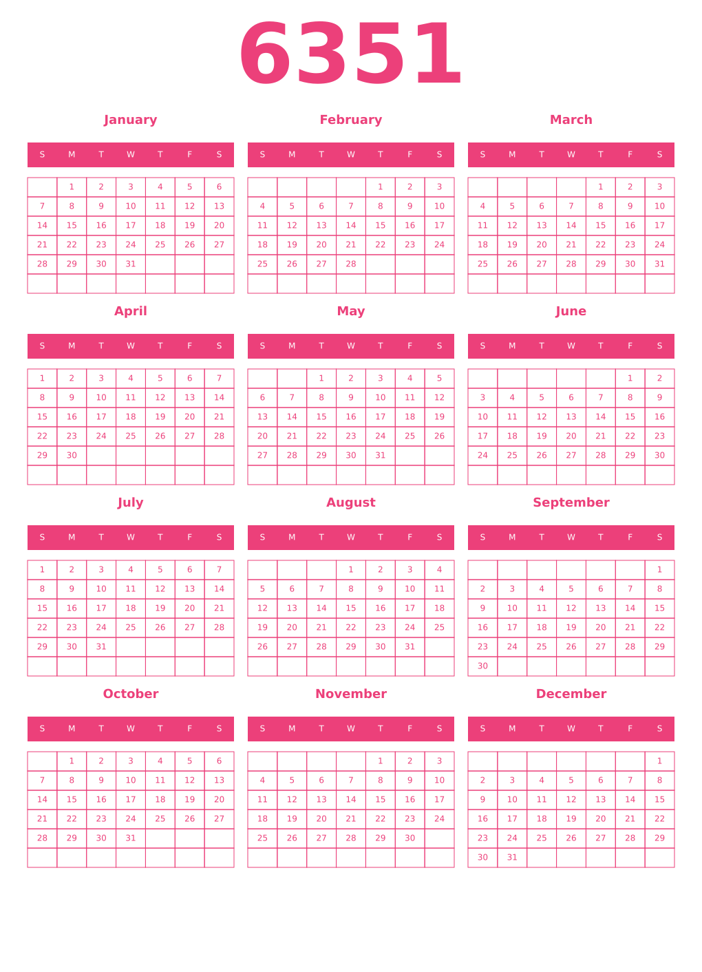 Printable 6351 Year Calendars pink