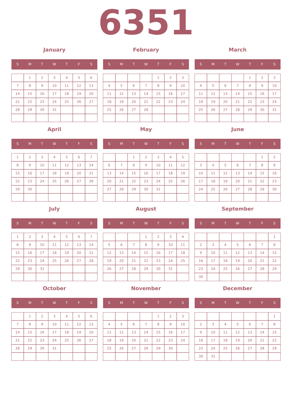 Printable 6351 Year Calendars puce