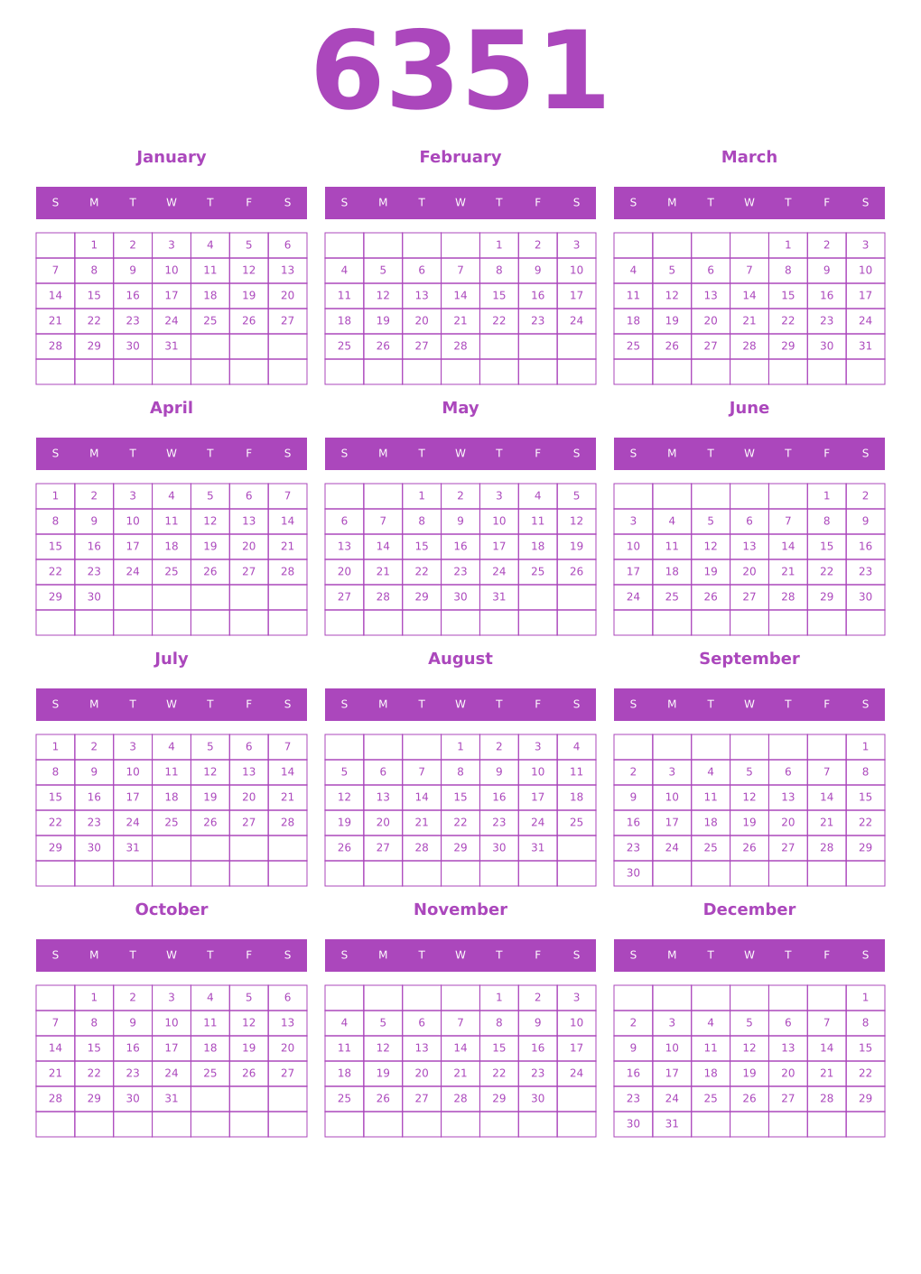 Printable 6351 Year Calendars purple