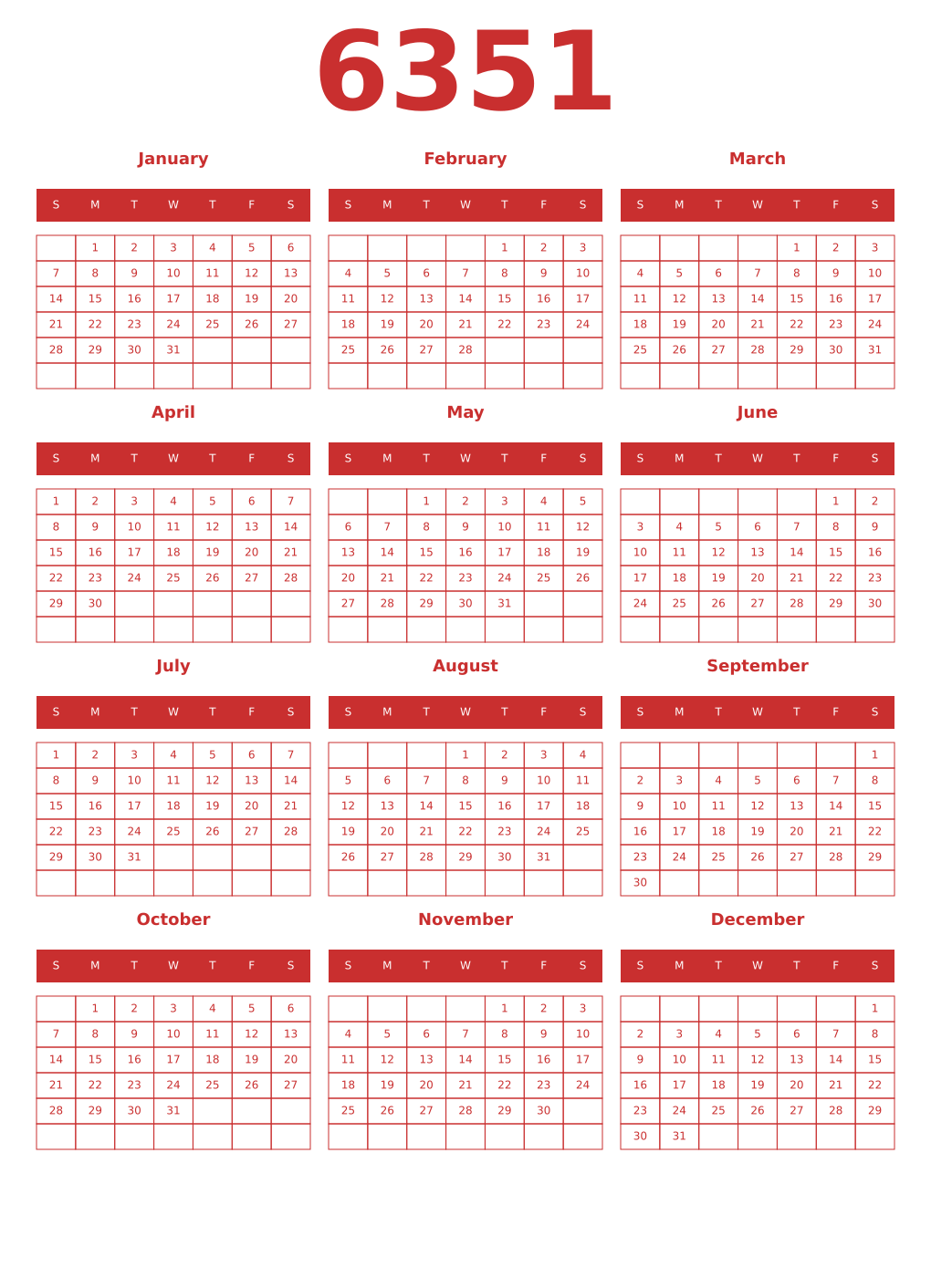 Printable 6351 Year Calendars red