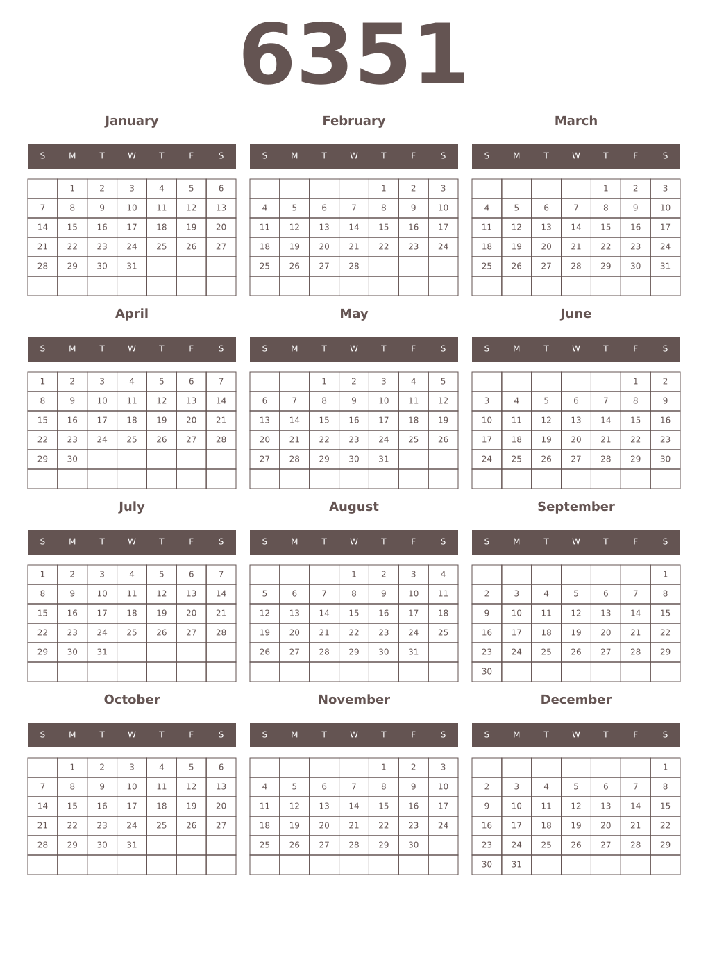 Printable 6351 Year Calendars wenge