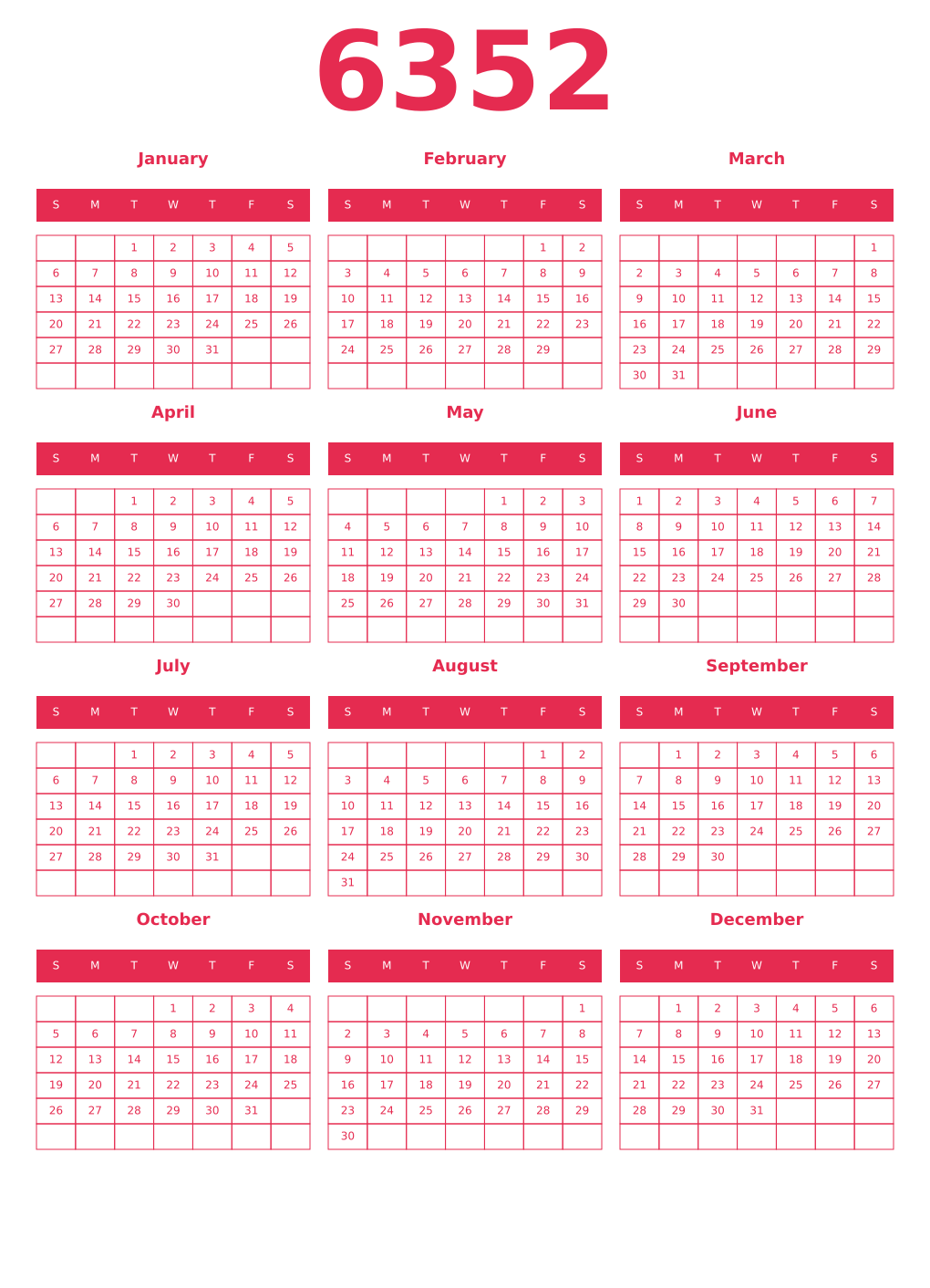 Printable 6352 Year Calendars amaranth