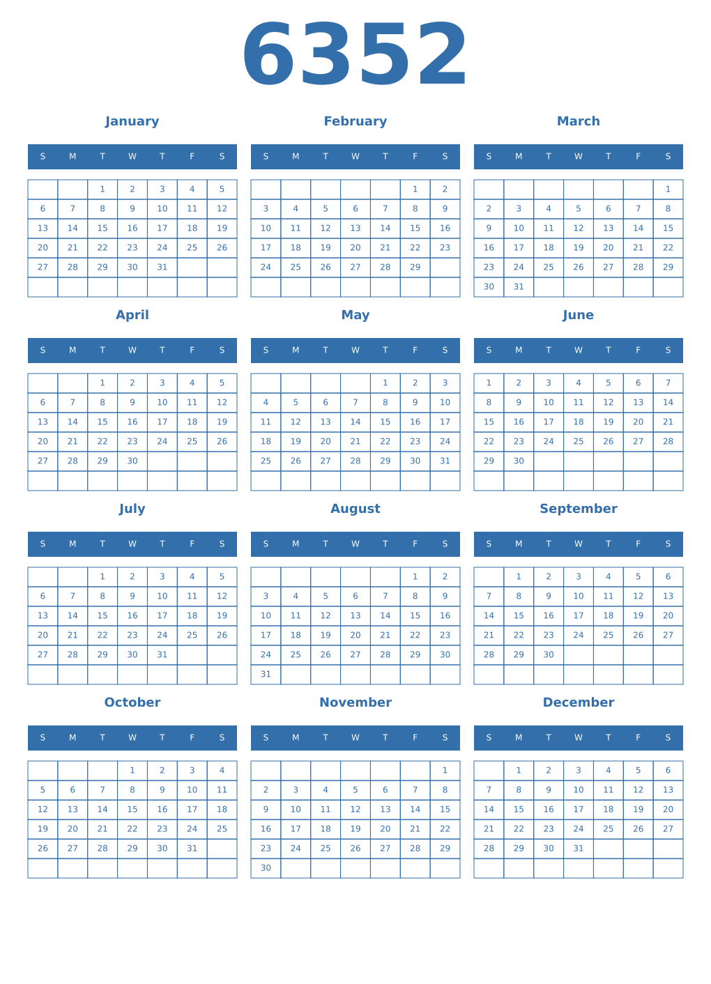 Printable 6352 Year Calendars blue
