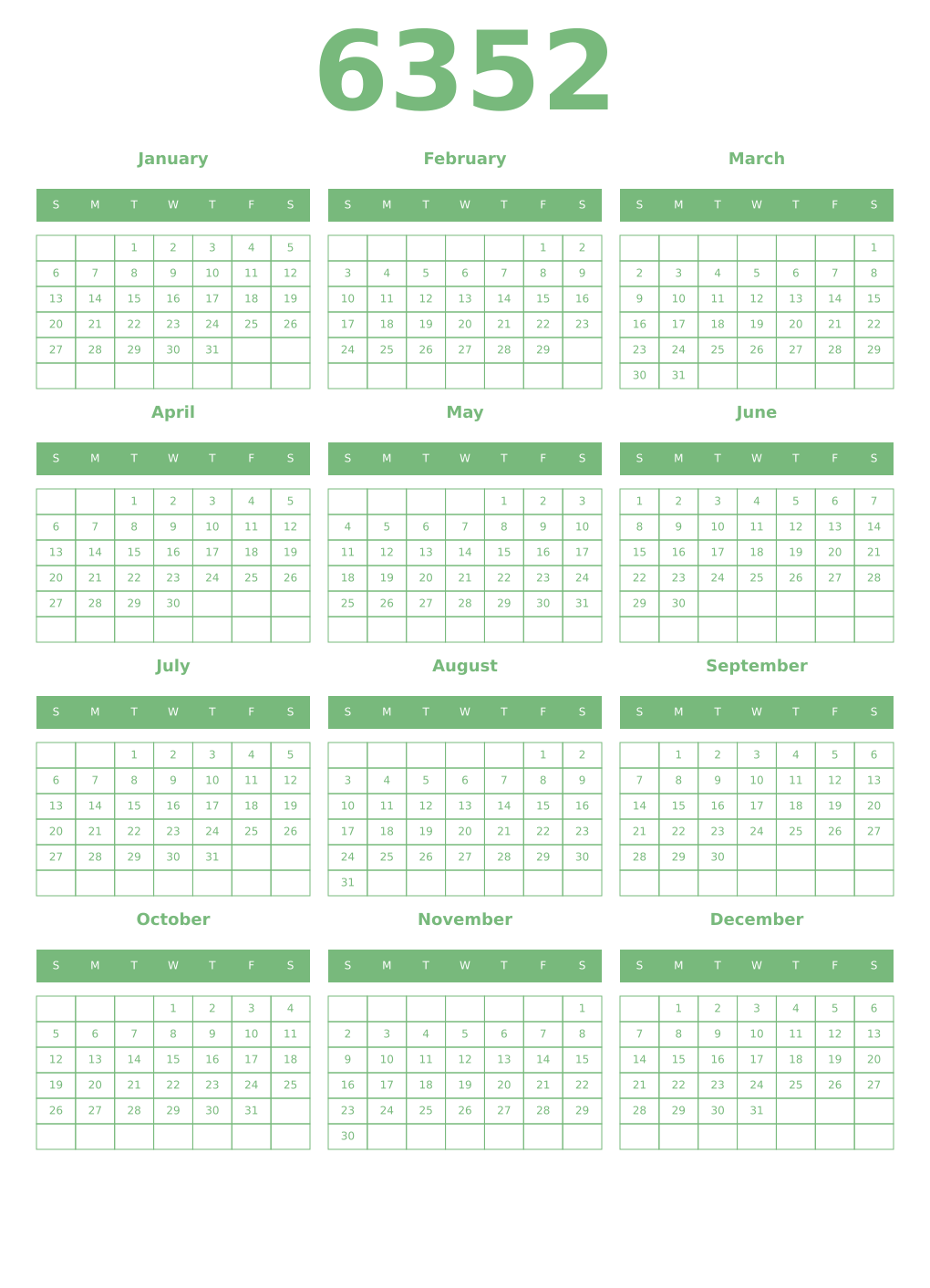 Printable 6352 Year Calendars celadon
