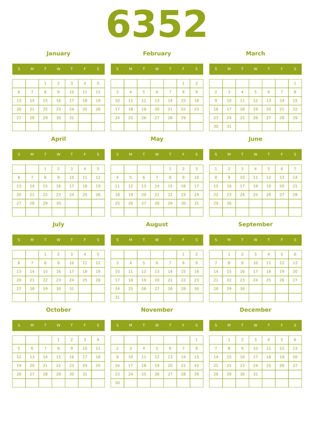 Printable 6352 Year Calendars chartreuse