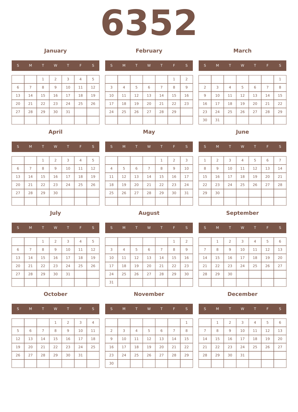 Printable 6352 Year Calendars coffe