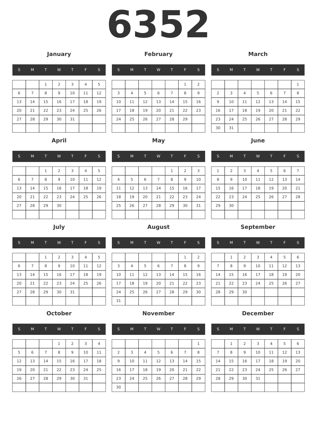 Printable 6352 Year Calendars dark