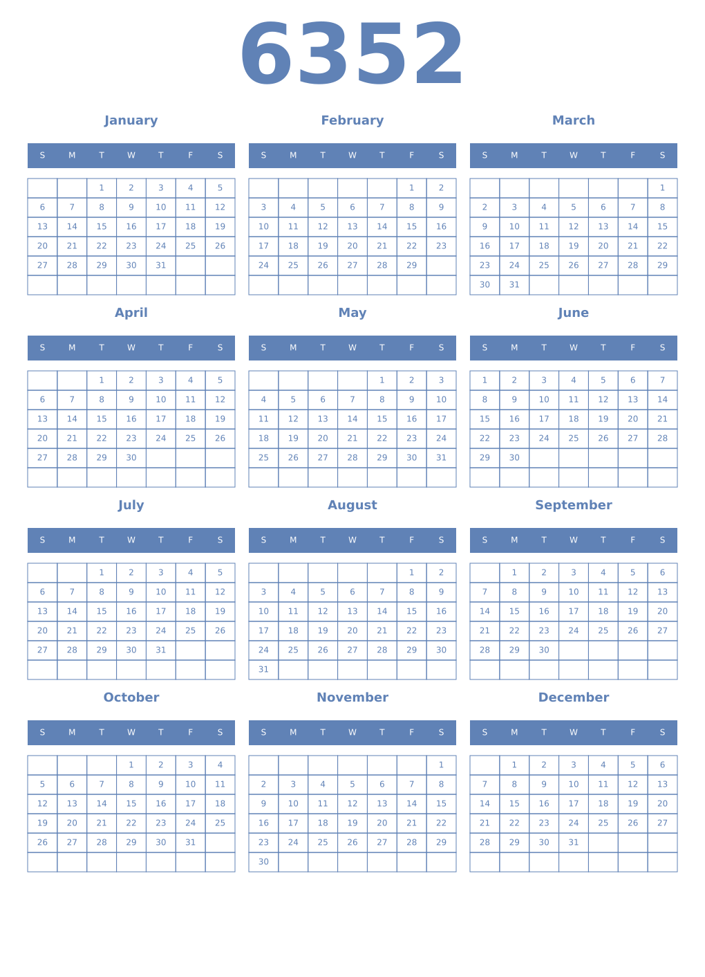 Printable 6352 Year Calendars glaucous