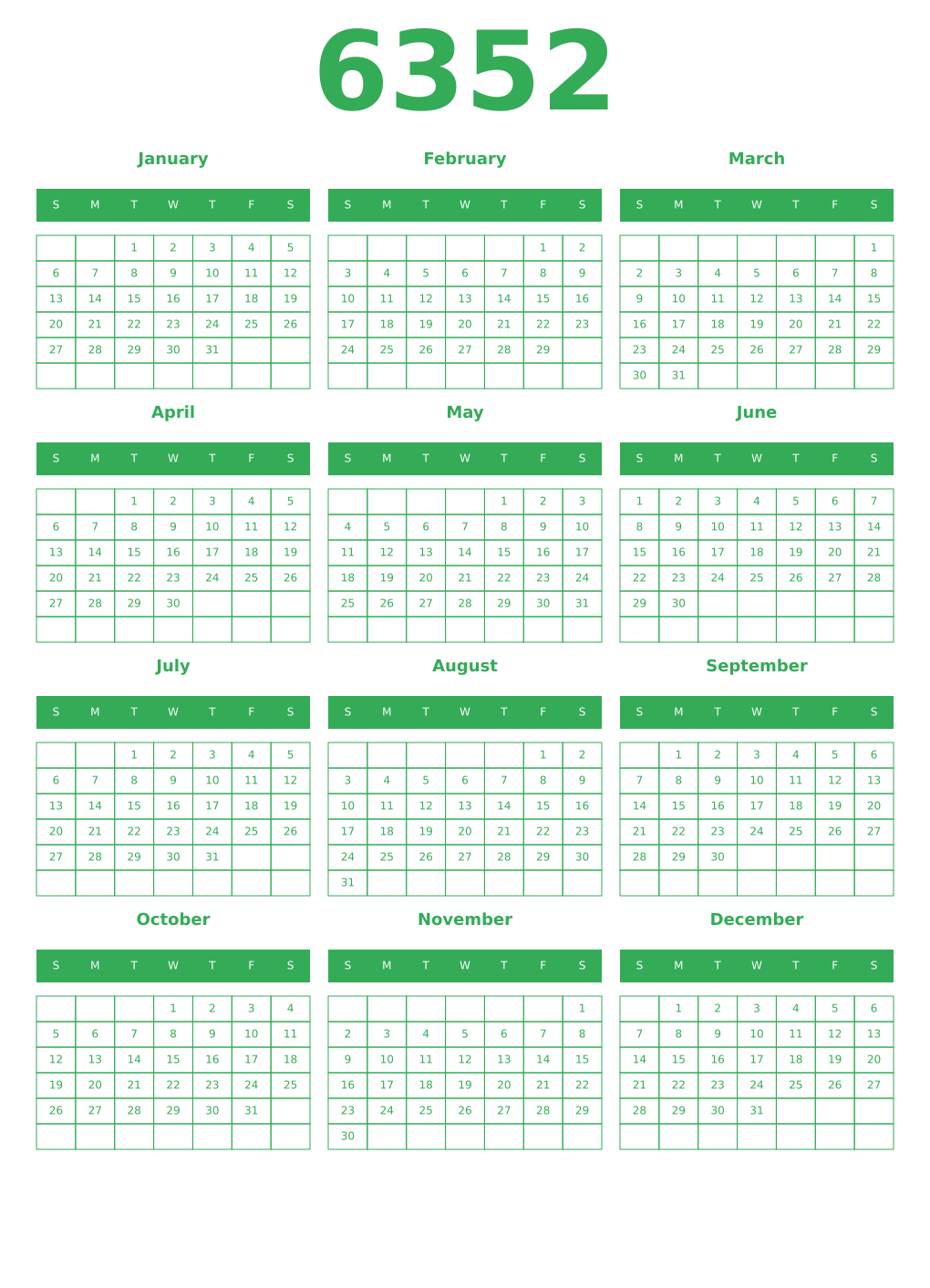 Printable 6352 Year Calendars green