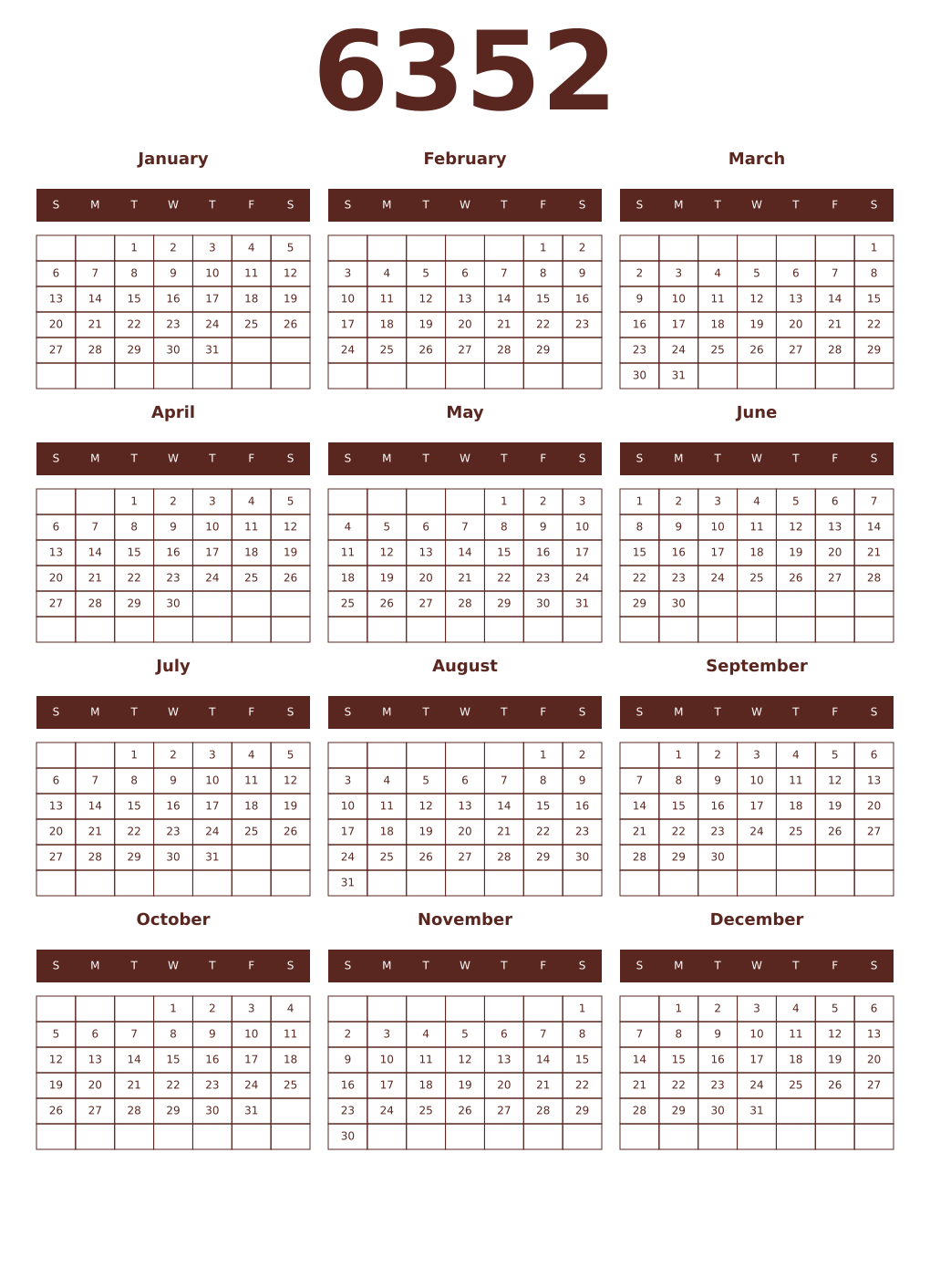 Printable 6352 Year Calendars mortuum