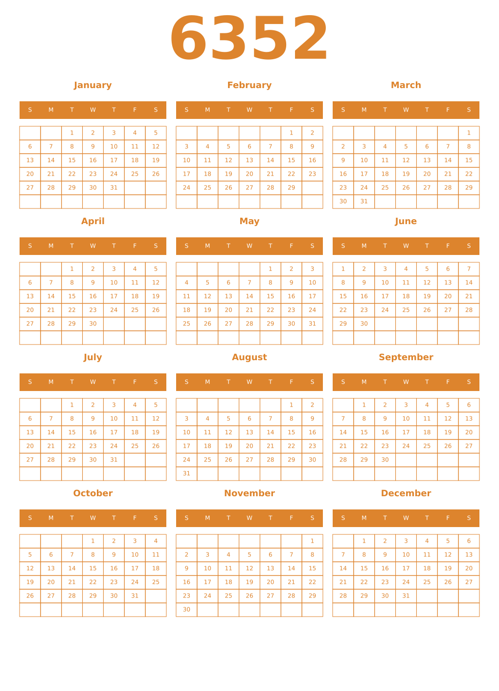 Printable 6352 Year Calendars orange