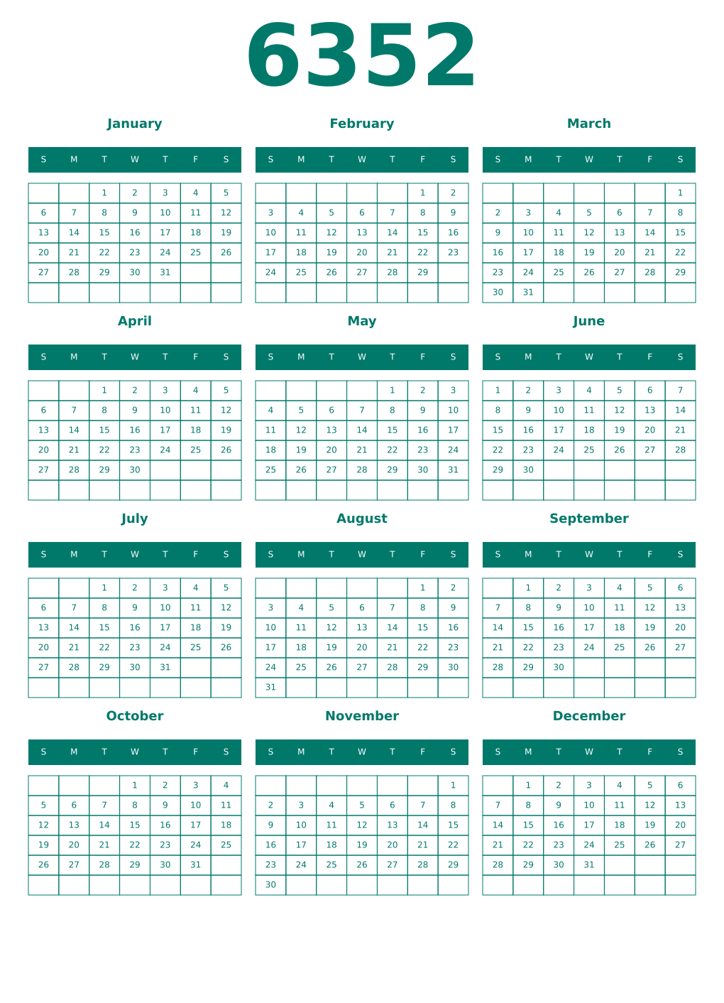 Printable 6352 Year Calendars pastel