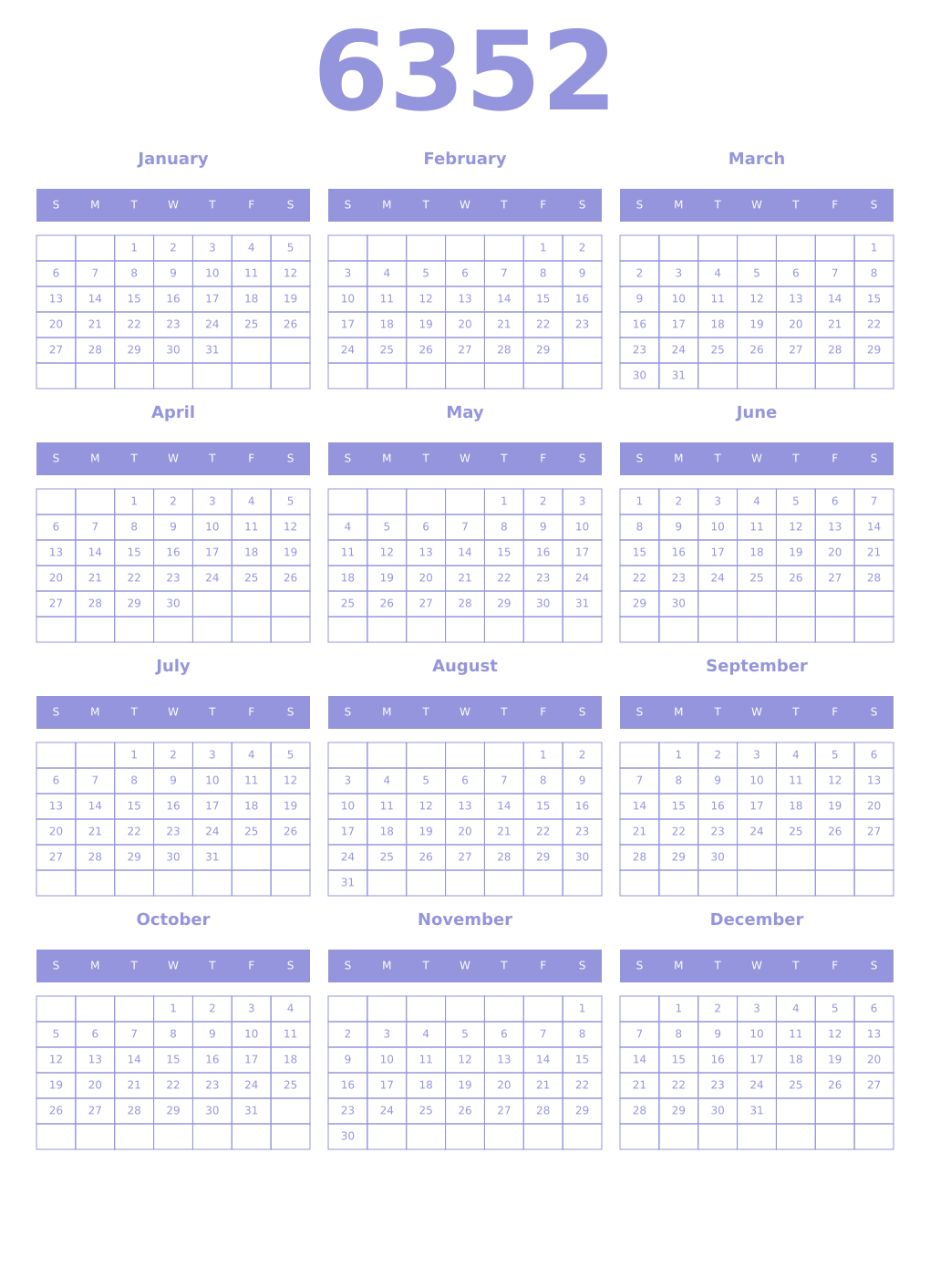 Printable 6352 Year Calendars periwinkle