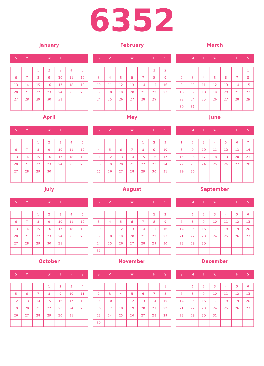Printable 6352 Year Calendars pink