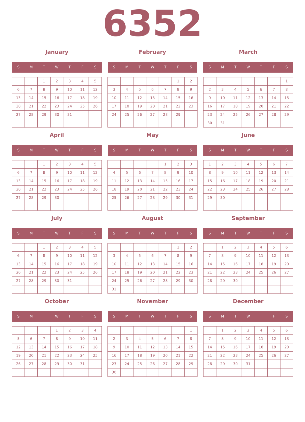Printable 6352 Year Calendars puce