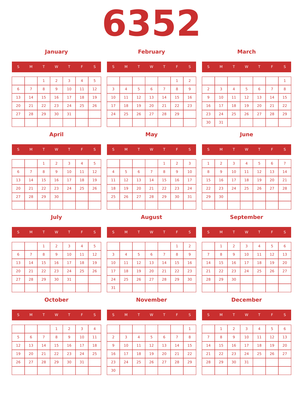 Printable 6352 Year Calendars red