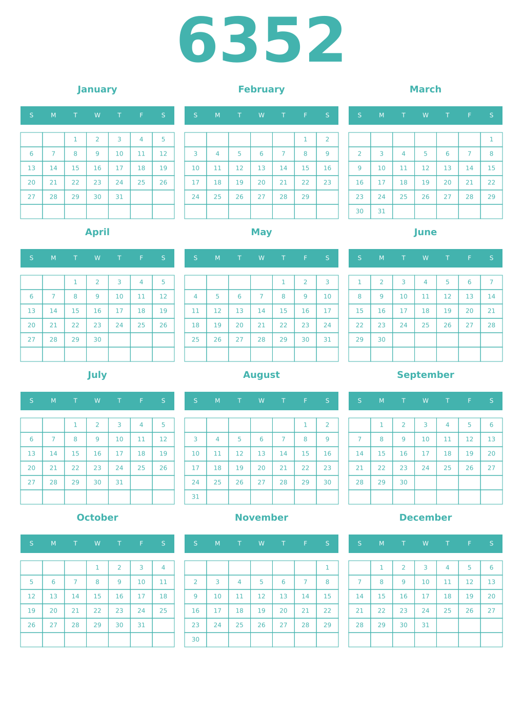 Printable 6352 Year Calendars verdigris