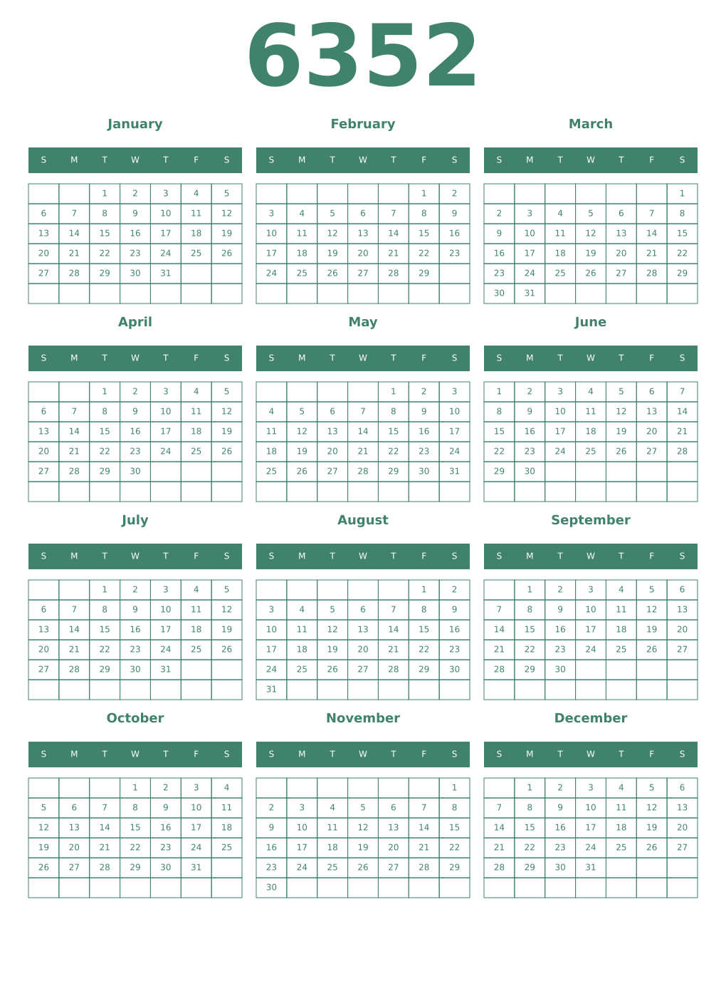 Printable 6352 Year Calendars viridian