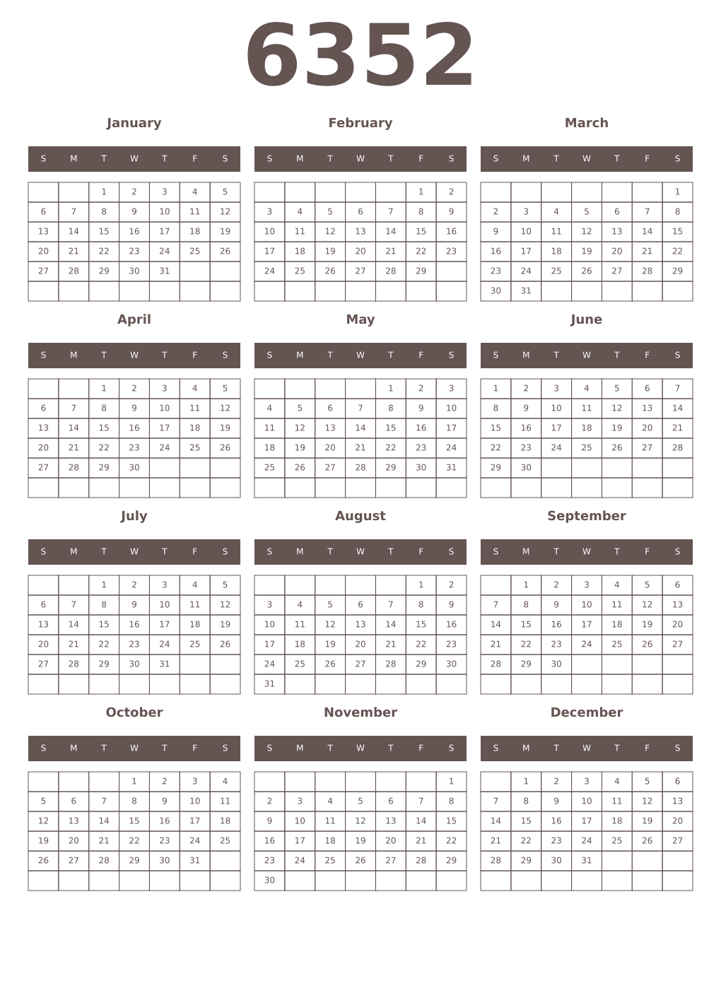 Printable 6352 Year Calendars wenge