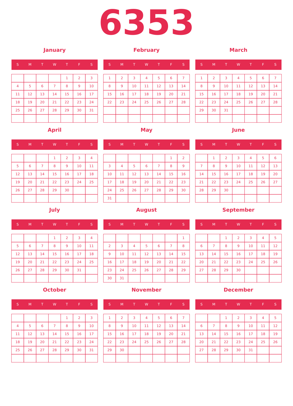 Printable 6353 Year Calendars amaranth
