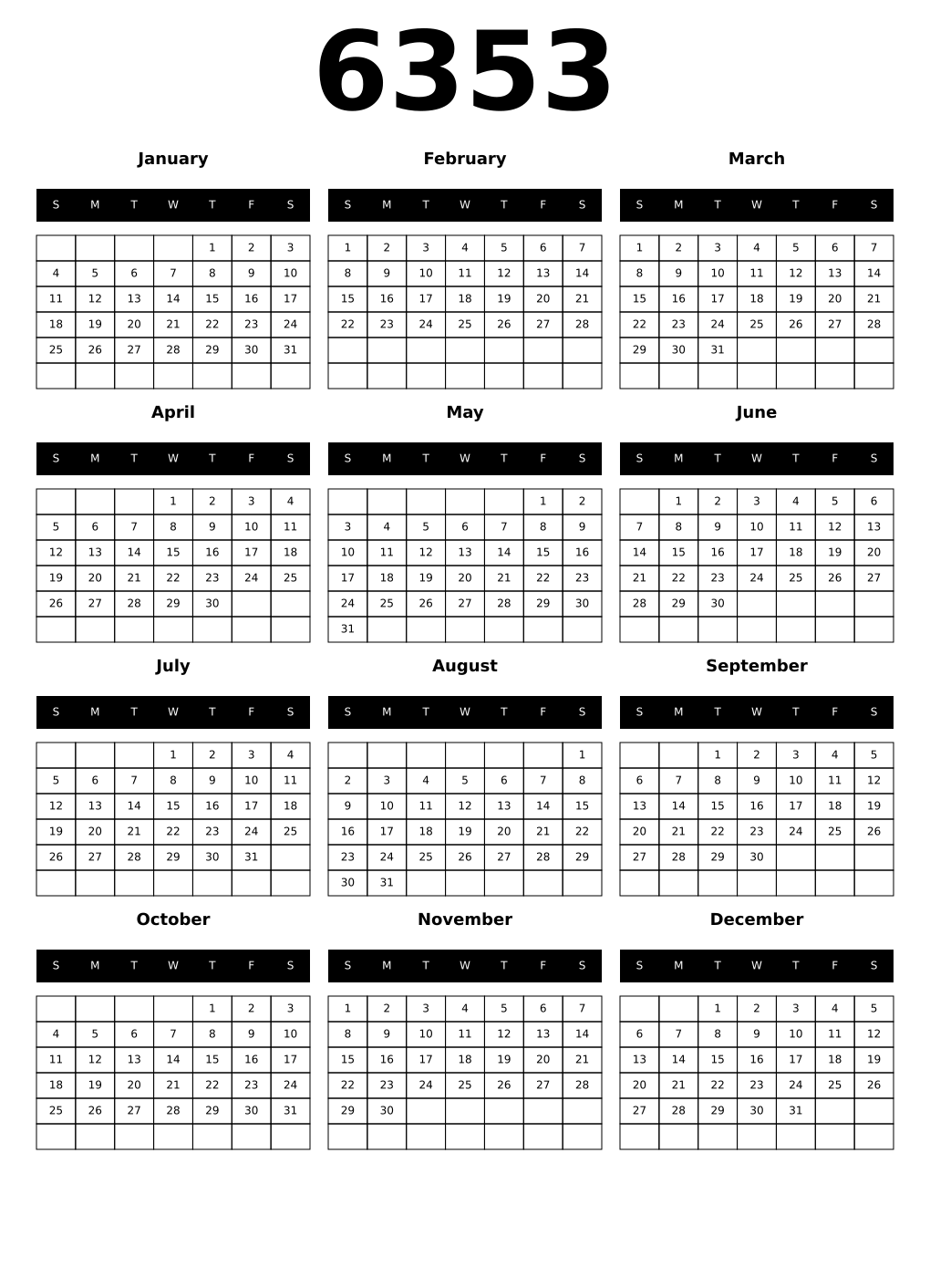 Printable 6353 Year Calendars black