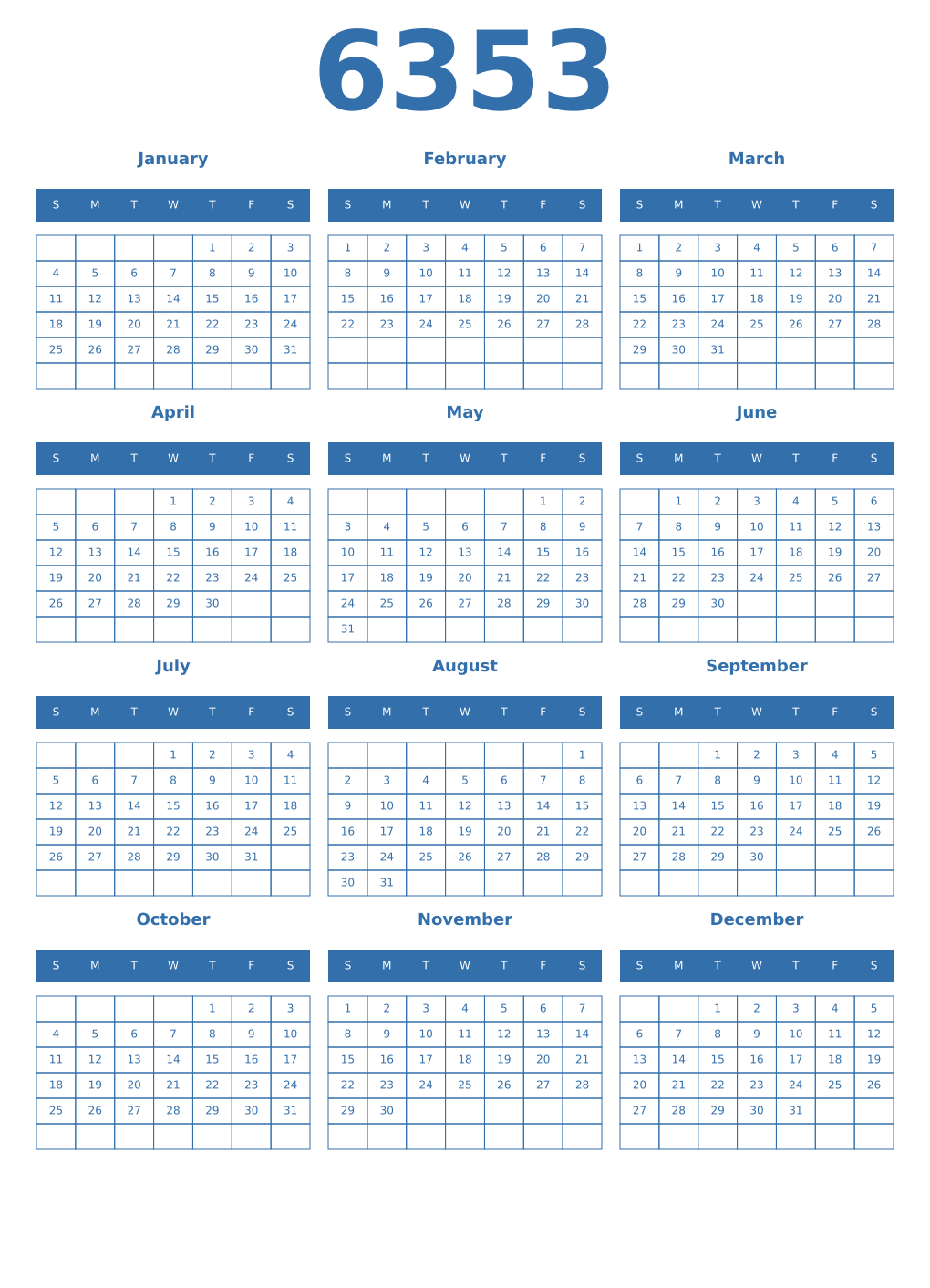 Printable 6353 Year Calendars blue