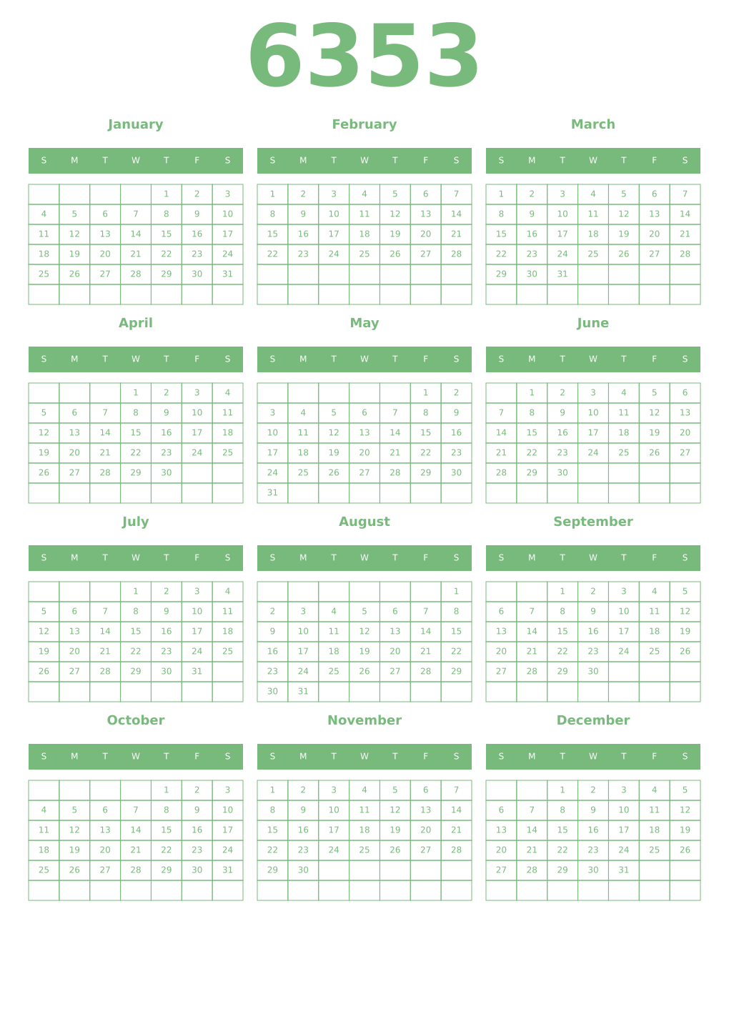Printable 6353 Year Calendars celadon