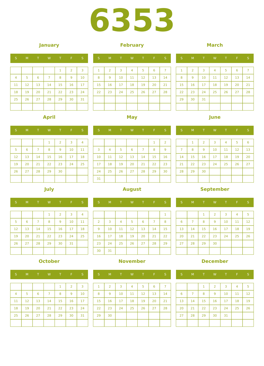 Printable 6353 Year Calendars chartreuse