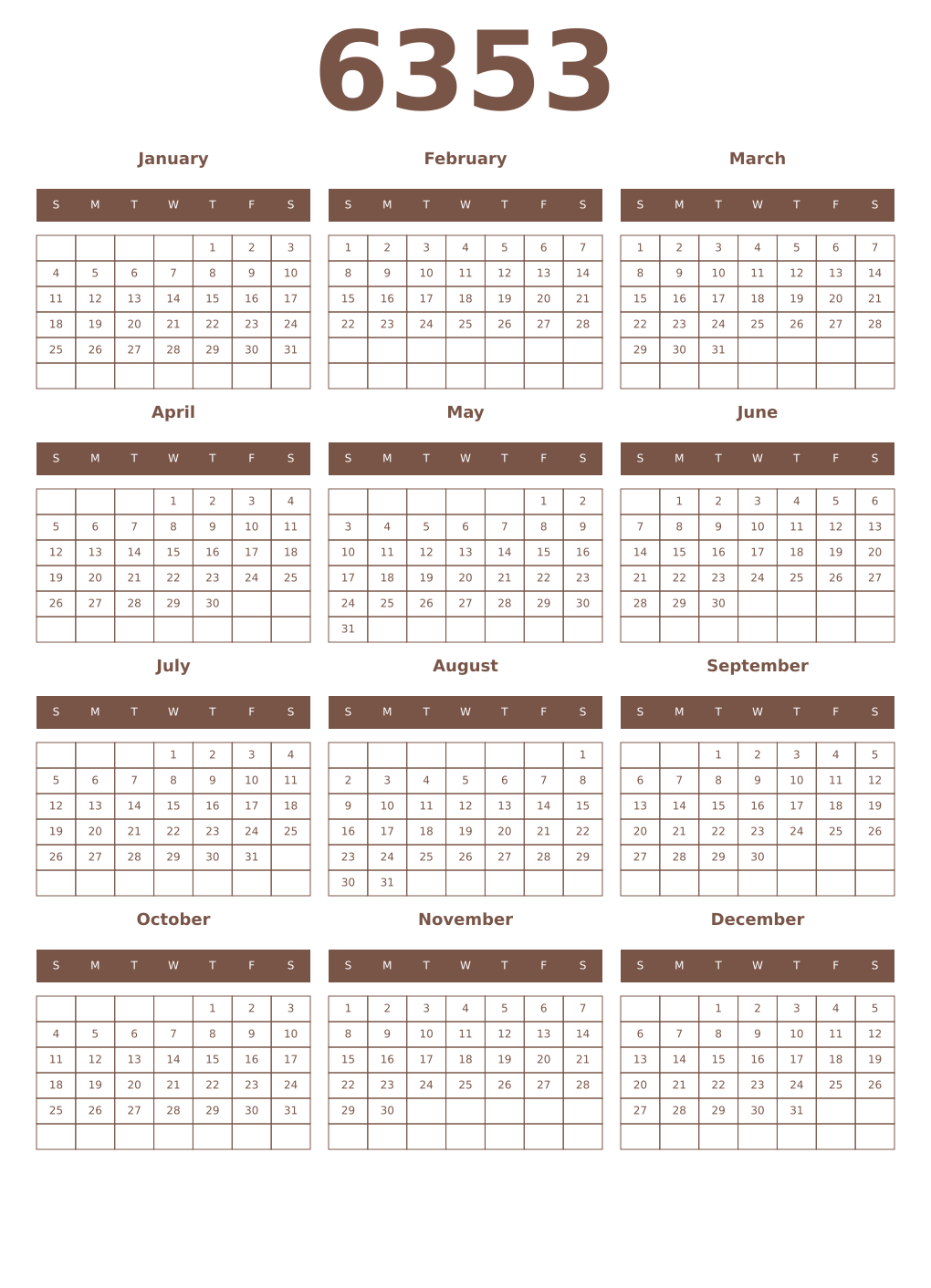 Printable 6353 Year Calendars coffe