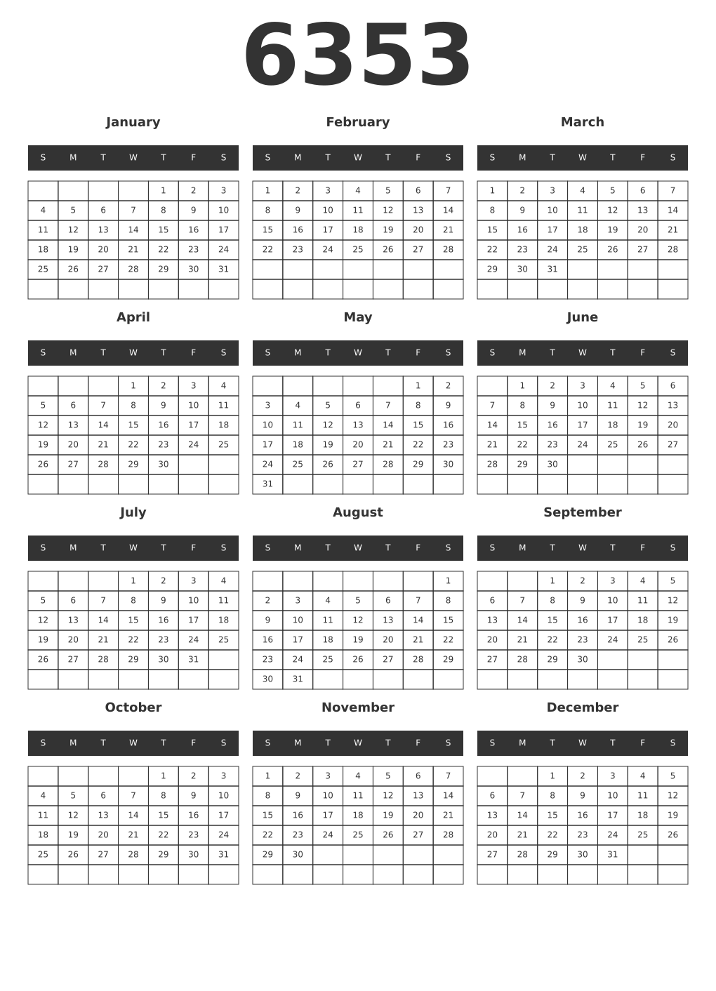 Printable 6353 Year Calendars dark