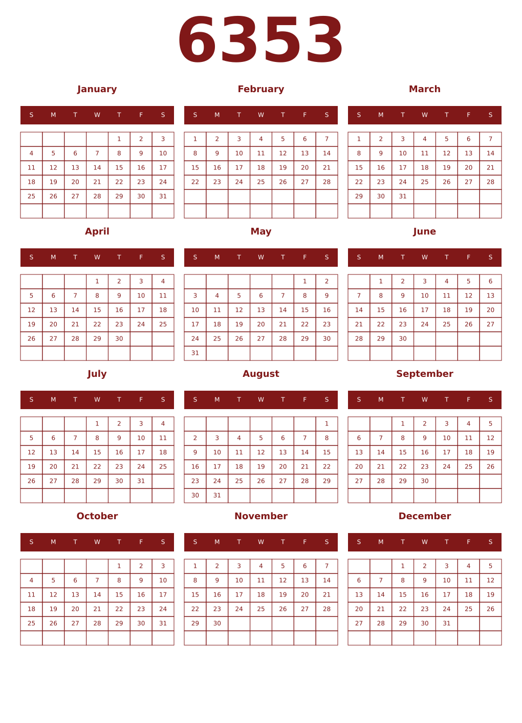 Printable 6353 Year Calendars falu