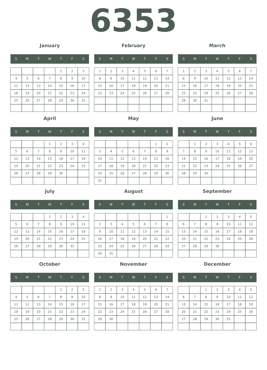 Printable 6353 Year Calendars feldgrau