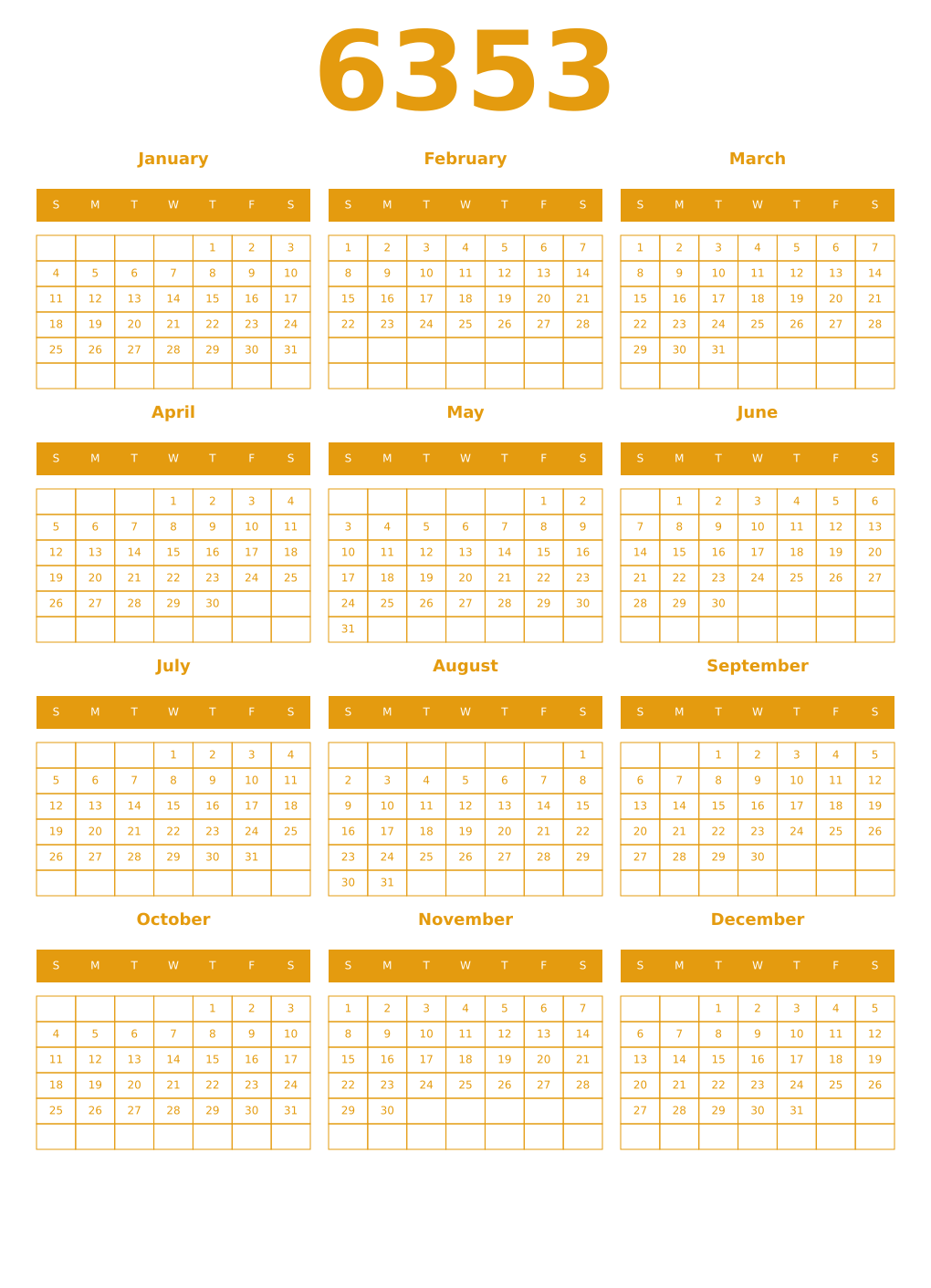 Printable 6353 Year Calendars gamboge