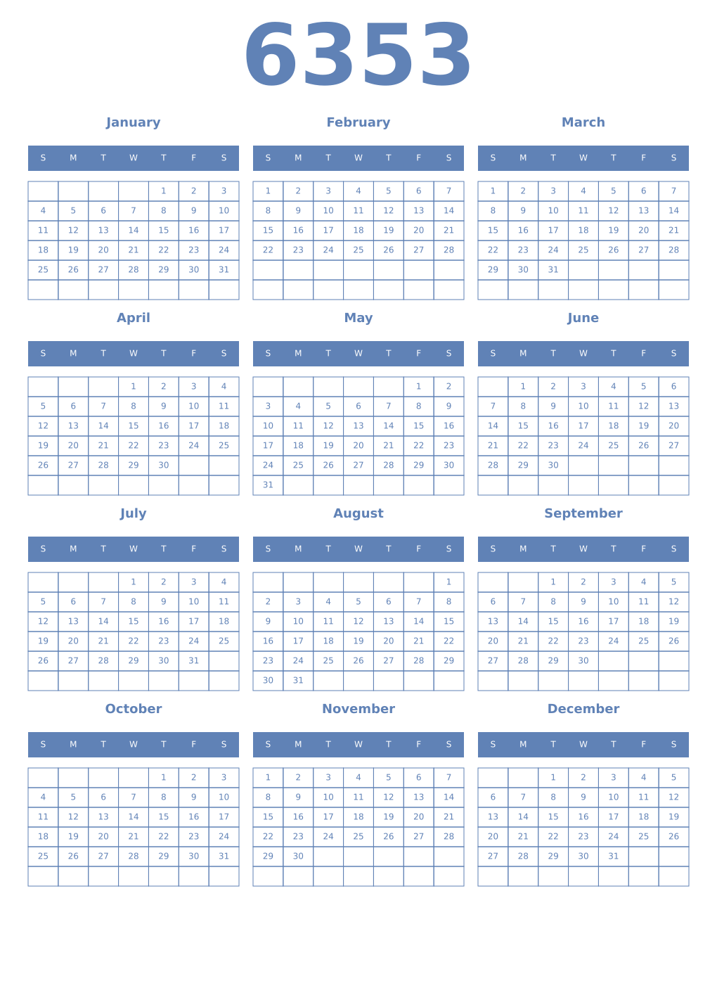 Printable 6353 Year Calendars glaucous