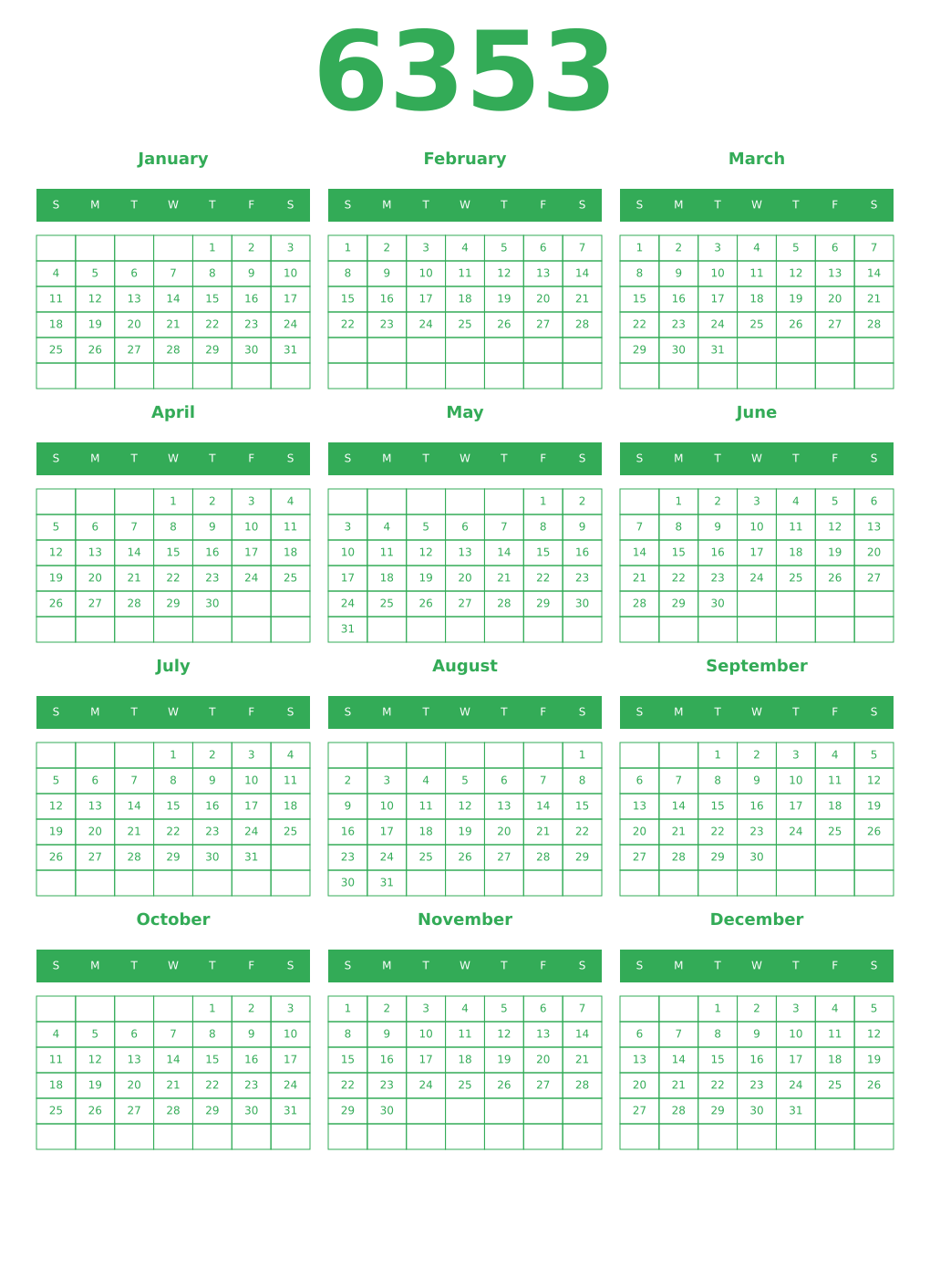 Printable 6353 Year Calendars green