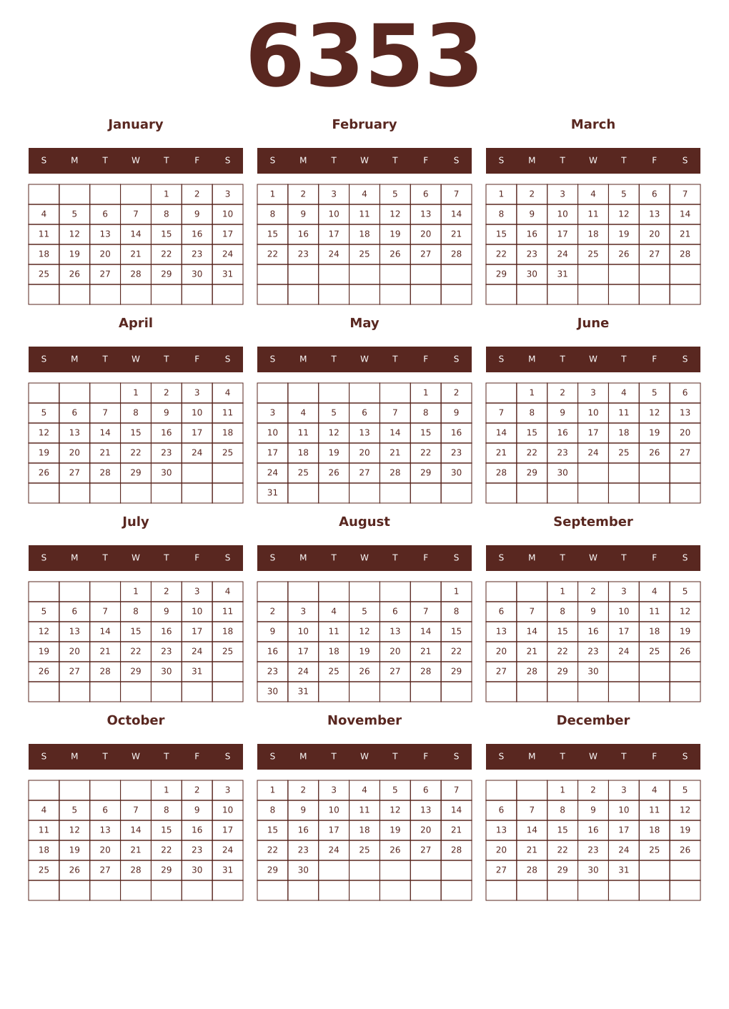 Printable 6353 Year Calendars mortuum