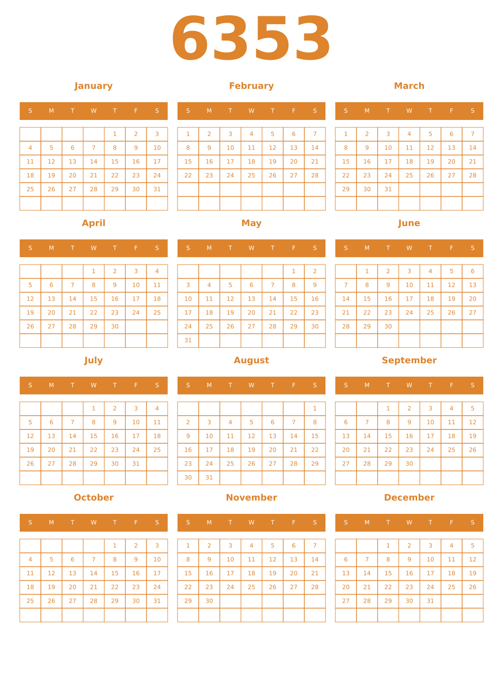 Printable 6353 Year Calendars orange