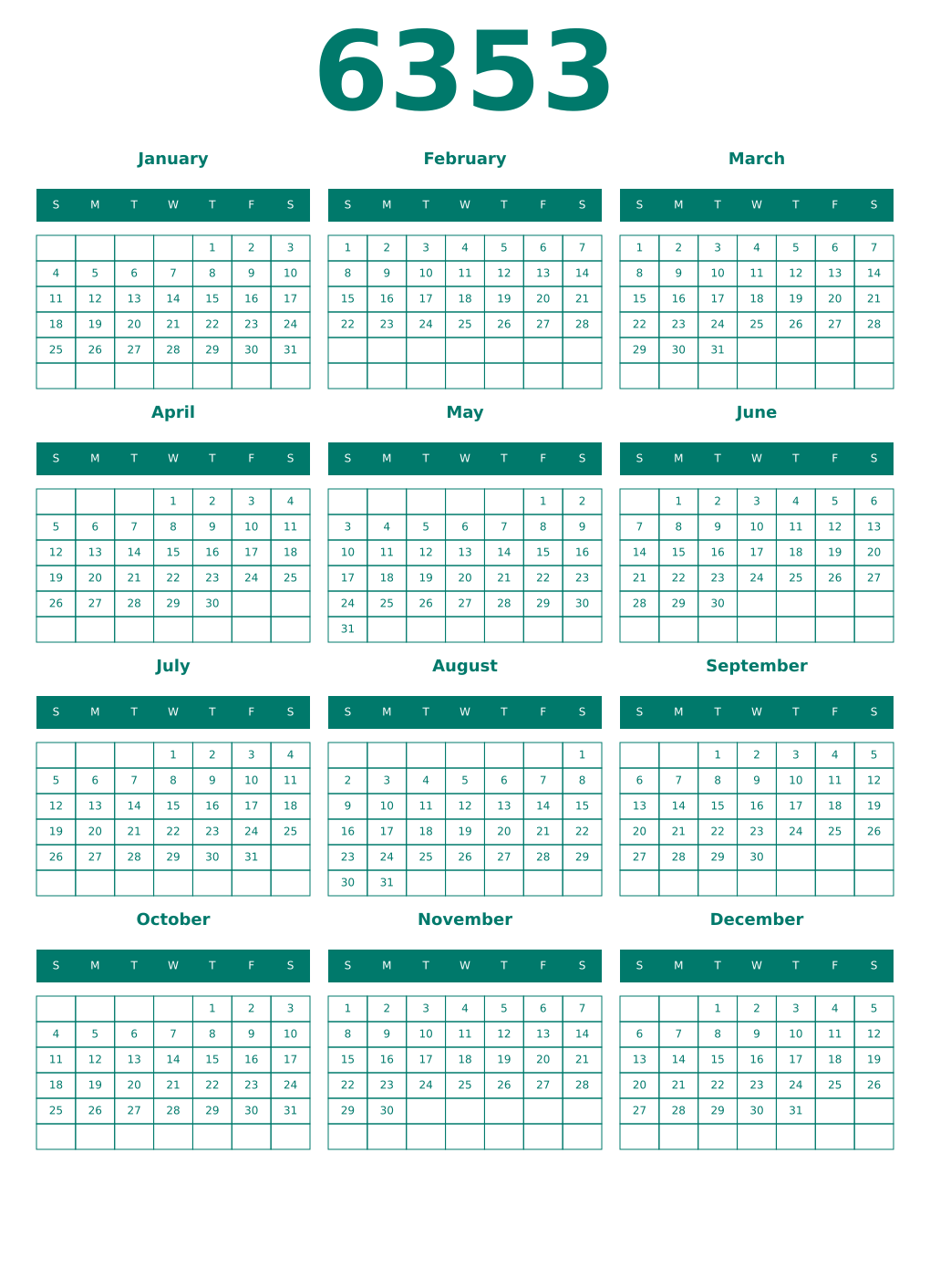 Printable 6353 Year Calendars pastel