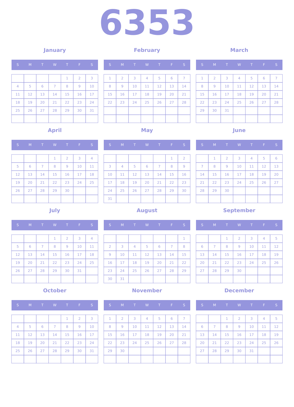 Printable 6353 Year Calendars periwinkle