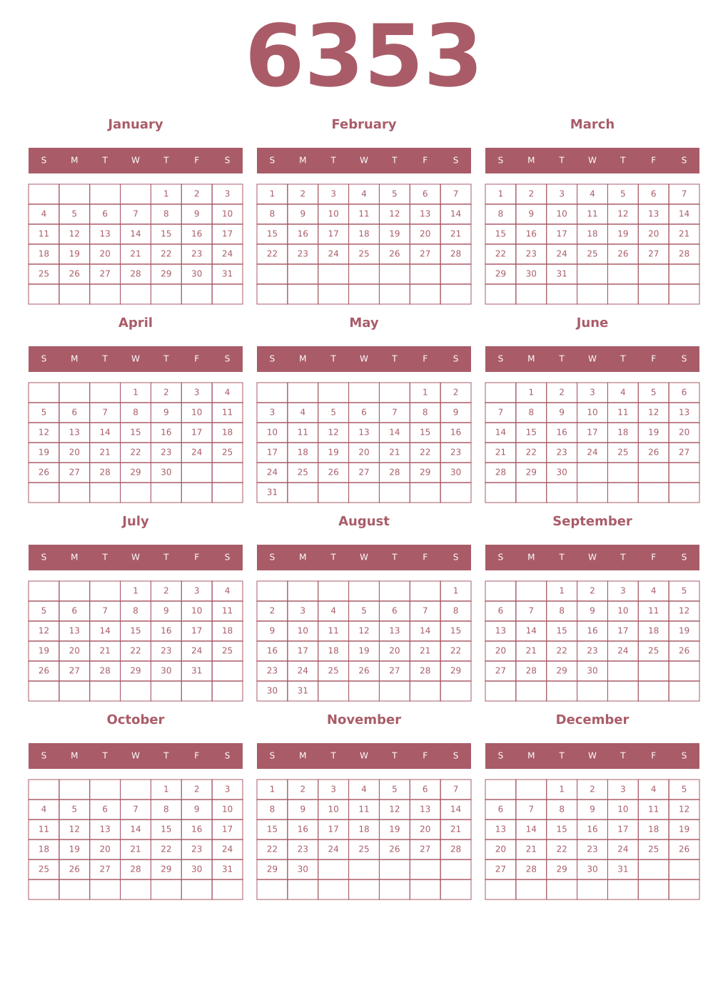 Printable 6353 Year Calendars puce