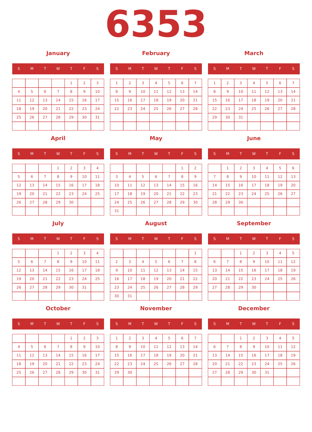 Printable 6353 Year Calendars red